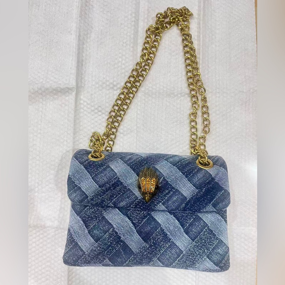Kurt Geiger Blue Woven Denim Shoulder Bag with Gold Chain